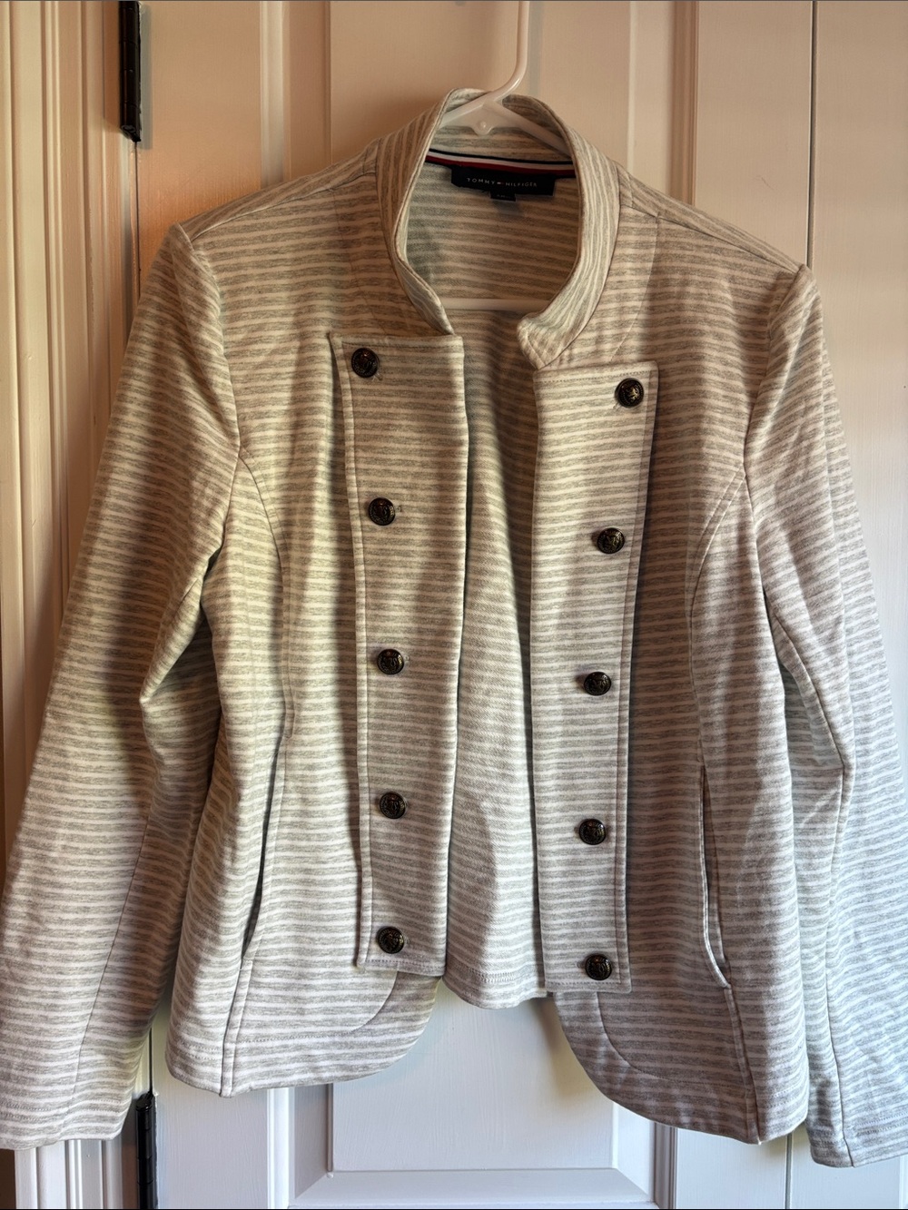 Tommy Hilfiger Cream and Light Gray Striped Military-Style Jacket